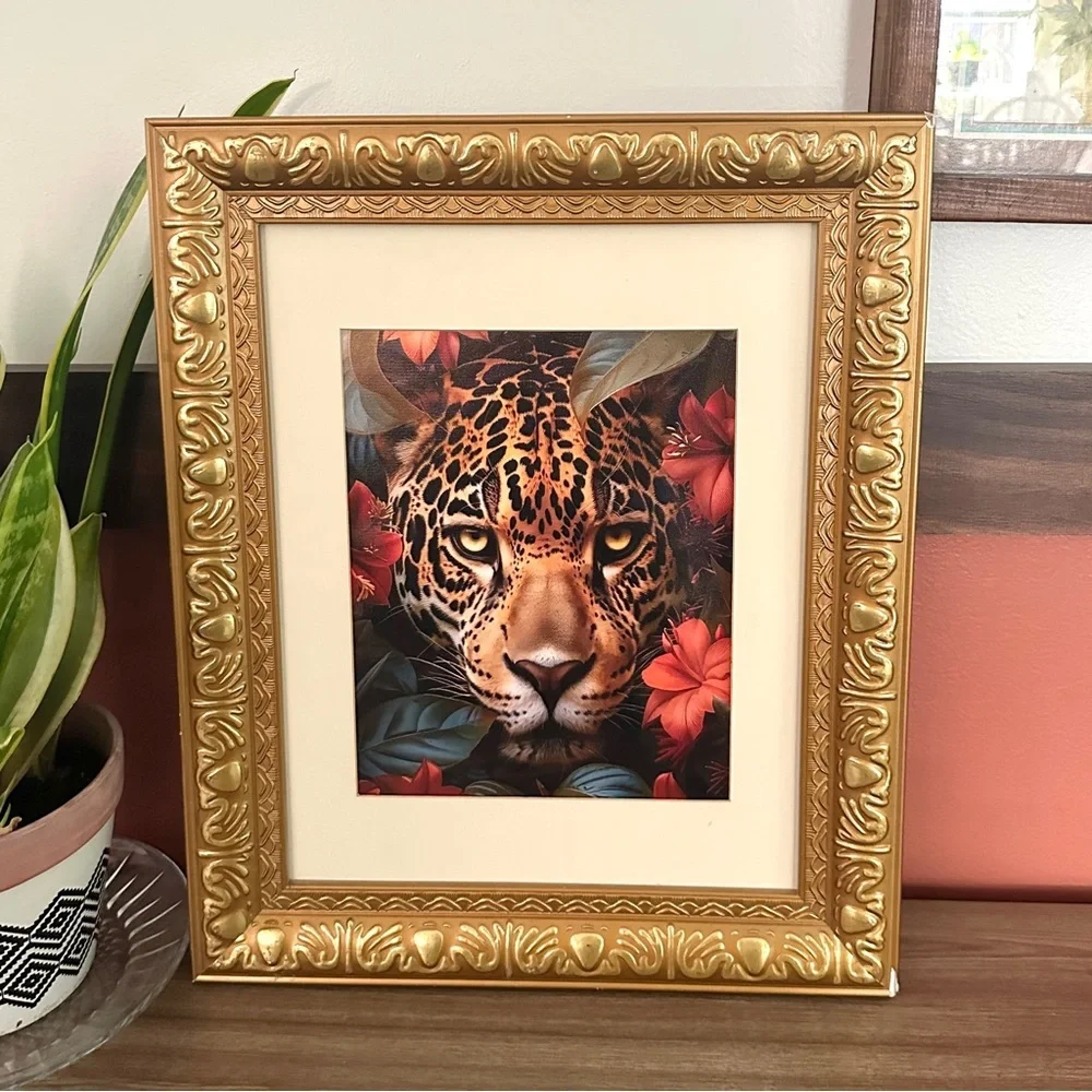 Leopard Moody Floral Wall Art Canvas Print Ornate Gold Frame 14.5x17.5” Cheetah
